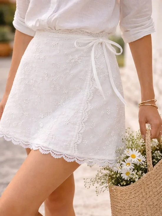 White Eyelet Lace Wrap Mini Skirt Feminine Summer Skirt - Picture 1 of 3